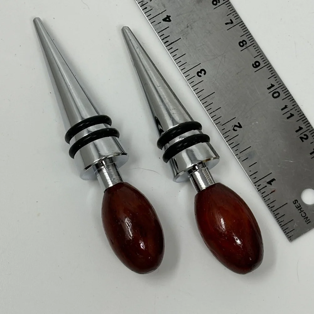 Set of Two Wine Bottle Stoppers Oval Olive Shaped Wood Finials Silver Tone